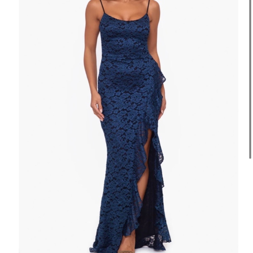 Betsy & Adam “Daisy” Glitter Side Ruffle Gown Size 2